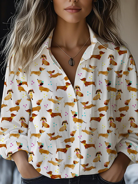Women's Cute Dog Watercolor Print Casual Shirt, Blouses, Lilicloth.com