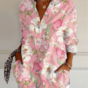 Romantic Floral Art Print Shirt Collar Long Sleeve Comfy Loose Shirt For Women, Shirts, color:Pink|size:4XL, catalog Noracora shop