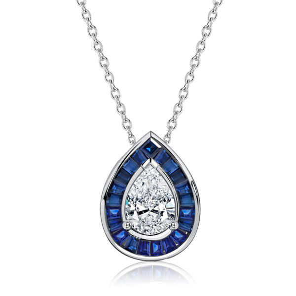 necklaces - Italo Pear Cut Blue Sapphire Necklace Halo Pendant Necklace, Italo jewelry - Online Catalog