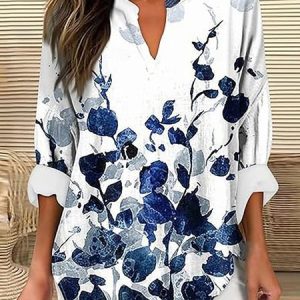 V Neck Long Sleeve Floral Printing Regular Loose Blouse For Women, Blouses, color:White|size:5XL, catalog Noracora shop