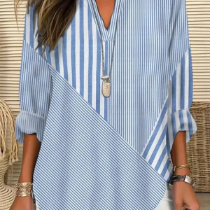Women Striped Long Sleeve Blouse Spring/Fall Printing V Neck Daily Casual Top, JustFashionNow Shirts, color:Blue|size:5XL,