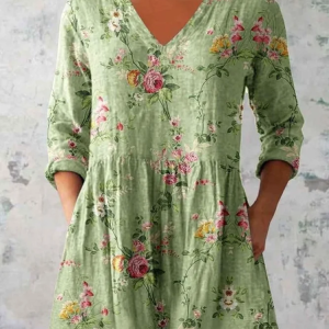 Women Floral Long Sleeve Shirt Spring/Fall Printing V Neck Daily Casual Top, JustFashionNow Blouses, color:Green|size:5XL,