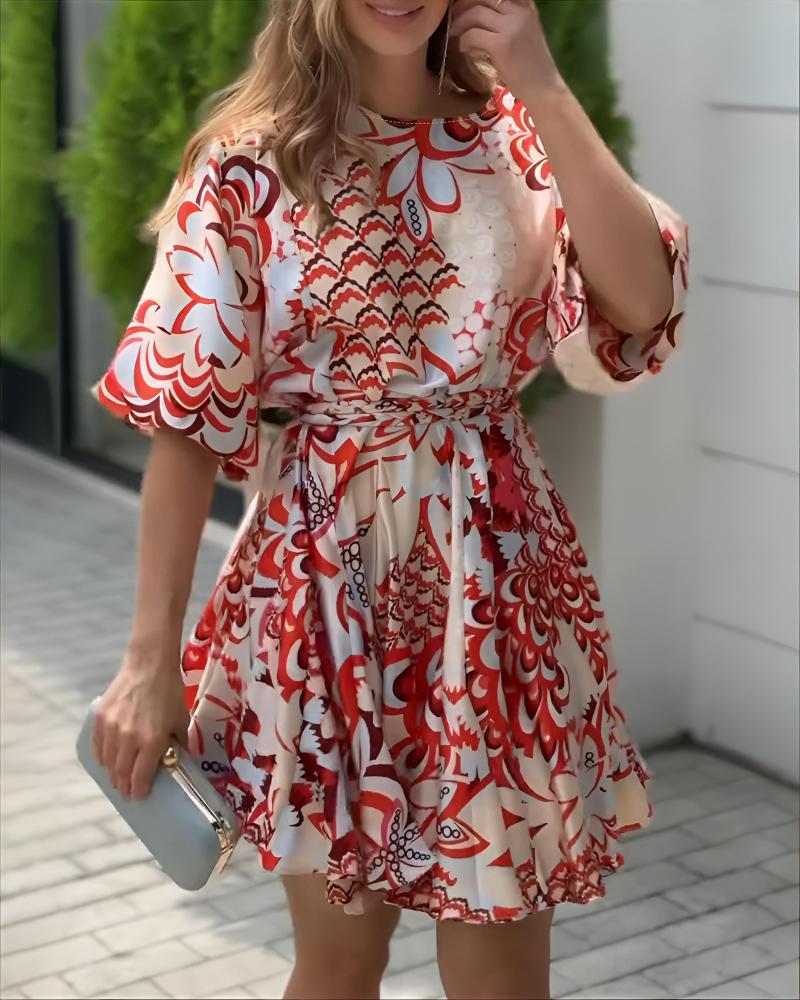 Abstract Print Puff Sleeve Mini Drress Casual Waist A Line Flared Dress, women Print Dresses, ChicMe catalog