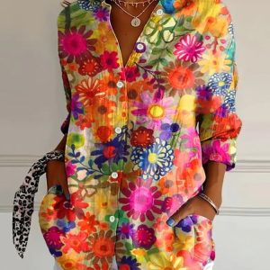 Colorful Floral Print Buckle Regular Loose Button Up Shirt For Women, Shirts, color:As Picture|size:3XL, catalog Noracora shop
