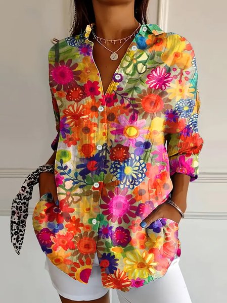 Women's Long Sleeve Shirt Spring/Fall As Picture Floral Buckle Shirt Collar Daily Going Out Casual Top, Blouses, Lilicloth.com - Image 2