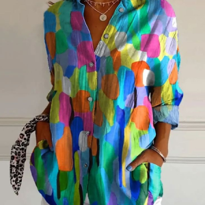 Women Colorblock Long Sleeve Shirt Spring/Fall Buckle Shirt Collar Daily Casual Top, JustFashionNow Shirts, color:As Picture|size:4XL,