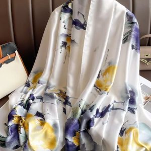 Elegant Floral Silk Scarf, Scarves, color:White|size:One-size, Stylewe