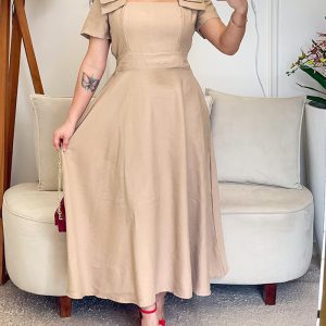 Short Sleeve Square Neck Shouder Tied Detail Dress Casual Strechy Waist A Line Midi Dress, women Midi Dresses, ChicMe catalog