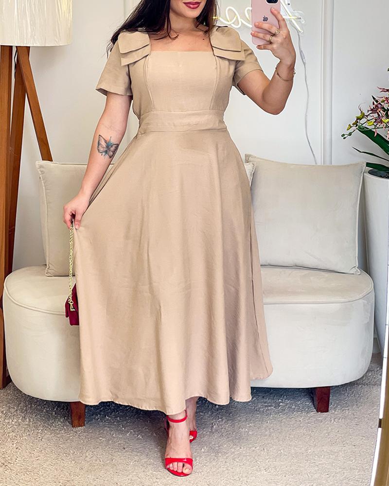 Short Sleeve Square Neck Shouder Tied Detail Dress Casual Strechy Waist A Line Midi Dress, women Midi Dresses, ChicMe catalog