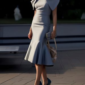 Elegant Plain Cold Shoulder Midi Party Dress, Midi Dresses, color:Gray|size:XXL, Stylewe