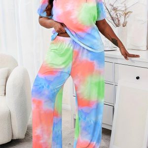 Plus Size Tie Dye Print Short Sleeve Pajamas Set, women Loungewear, ChicMe catalog