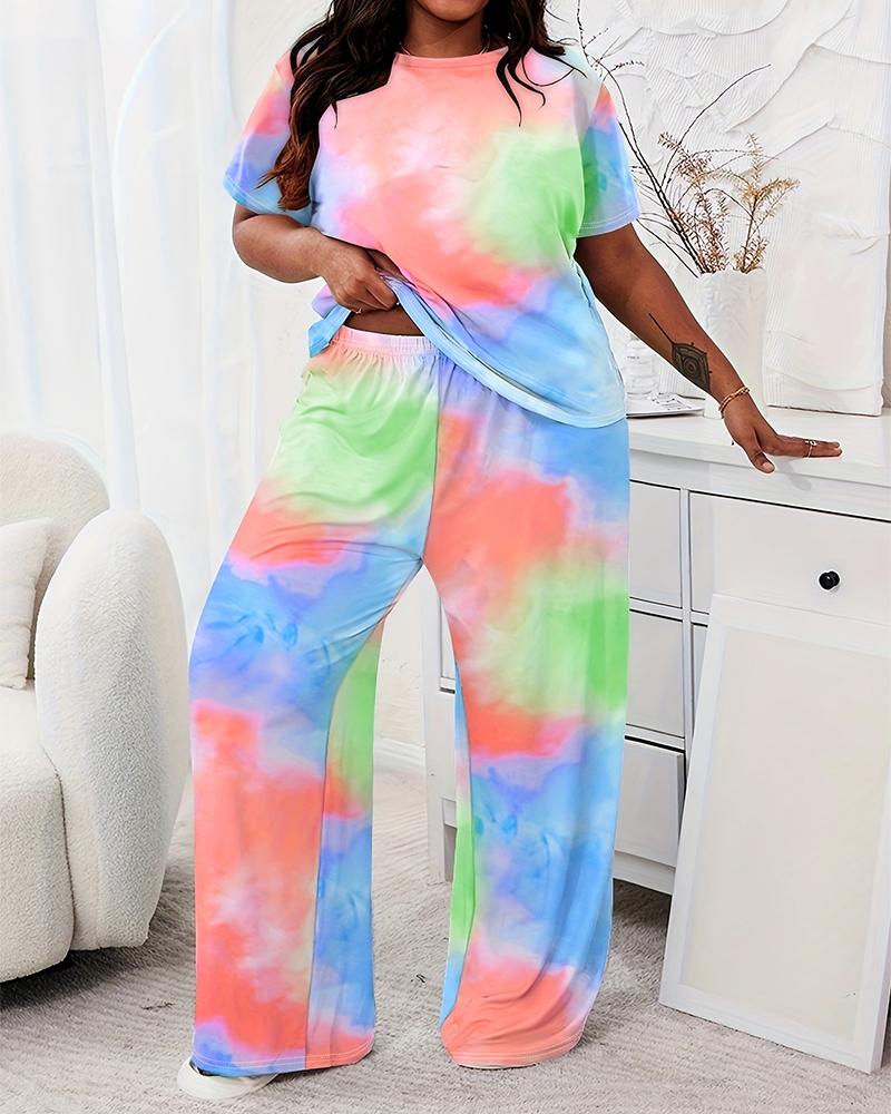 Plus Size Tie Dye Print Short Sleeve Pajamas Set, women Loungewear, ChicMe catalog