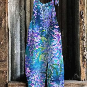 Women Sleeveless Spaghetti Regular Fit Long Daily Casual Floral Natural Cami Jumpsuit, Jumpsuits&Rompers, color:Blue|size:4XL, catalog Noracora shop