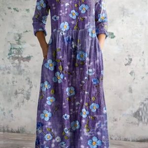 Women Floral Crew Neck Long Sleeve Comfy Casual Maxi Dress, Maxi, color:Purple|size:4XL, catalog Noracora shop