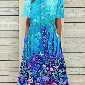 Women Floral Half Sleeve Summer Printing Dress Crew Neck Daily Casual Maxi A-Line Dress, JustFashionNow Casual Dresses, color:Blue Purple|size:5XL,