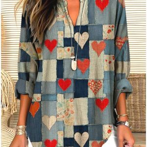 V Neck Long Sleeve Geometric Regular Micro-Elasticity Regular Fit Shirt For Women, Shirts, color:Blue|size:4XL, catalog Noracora shop