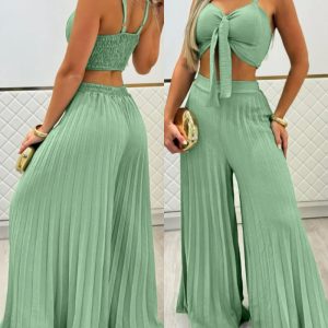 2 Pieces Outfit Bow Design Cold Shoulder Shirred Cami Crop Top and Casual Elastic Waist Wide Leg Pleated Pants Set, women Jumpsuits, ChicMe catalog