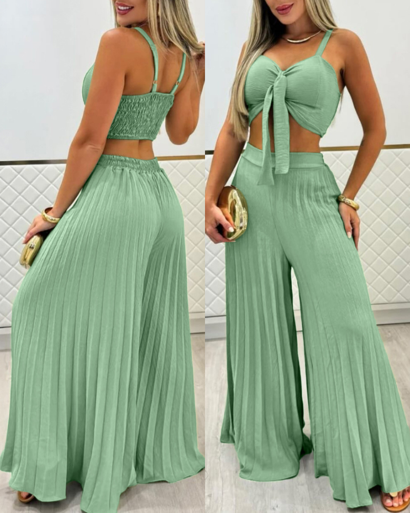 2 Pieces Outfit Bow Design Cold Shoulder Shirred Cami Crop Top and Casual Elastic Waist Wide Leg Pleated Pants Set, women Jumpsuits, ChicMe catalog