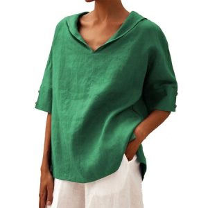 V Neck Half Sleeve Plain Regular Micro-Elasticity Loose Blouse For Women, Blouses, color:Green|size:5XL, catalog Noracora shop