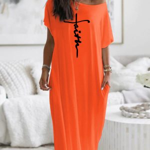 Letter Print Short Sleeve Maxi Dress Casual Loose Fit Vacation Dress, women Maxi Dresses, ChicMe catalog