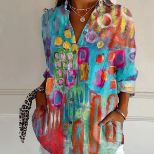 Women Abstract Long Sleeve Shirt Spring/Fall Buckle Shirt Collar Daily Casual Top, JustFashionNow Shirts, color:As Picture|size:4XL,