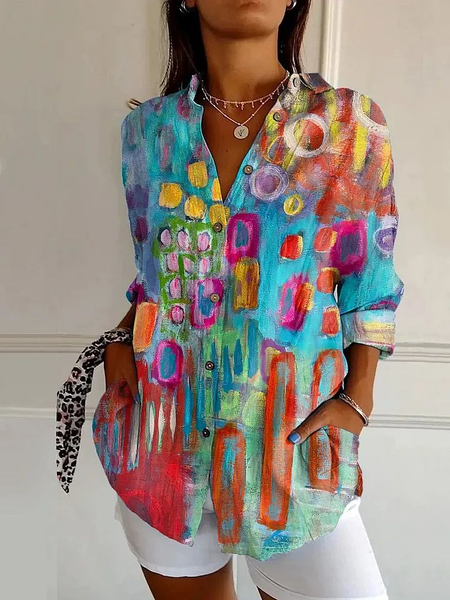 Women Abstract Long Sleeve Shirt Spring/Fall Buckle Shirt Collar Daily Casual Top, JustFashionNow Shirts, color:As Picture|size:4XL,
