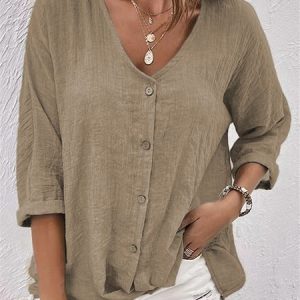 Women Plain Long Sleeve Shirt Spring/Fall V Neck Daily Casual Top, JustFashionNow Blouses, color:Khaki|size:5XL,