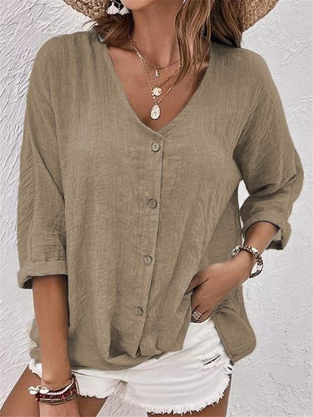 Women Plain Long Sleeve Shirt Spring/Fall V Neck Daily Casual Top, JustFashionNow Blouses, color:Khaki|size:5XL,