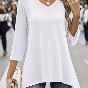 Casual Plain V Neck Long Sleeve T-shirt, Shirts, color:White|size:4XL, catalog Noracora shop
