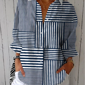 Shirt Collar Three Quarter Sleeve Striped Printing Regular Loose Shirt For Women, Shirts, color:Purplish Blue|size:5XL, catalog Noracora shop