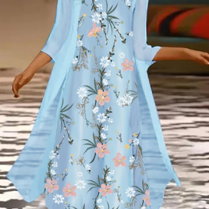 Women Floral Two-Piece Set Daily Three Quarter Sleeve Casual Spring/Fall Coat With Skirt Matching Set, JustFashionNow Suit Set, color:Light Blue|size:XXL,