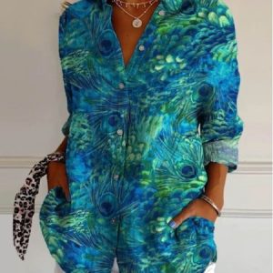 Women Feather Long Sleeve Shirt Spring/Fall Shirt Collar Daily Casual Top, JustFashionNow Blouses, color:Green|size:4XL,