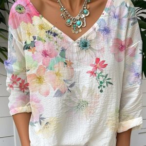 Women Floral Long Sleeve Tee T-shirt V Neck Casual Spring/Fall Top, JustFashionNow T-Shirts, color:White|size:XXL,