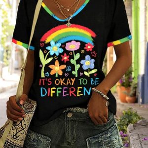 Casual Floral V Neck Short Sleeve T-shirt, T-shirts, color:Black|size:4XL, catalog Noracora shop