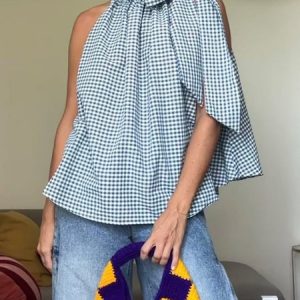 Casual Plaid Bow Loose Blouse, Blouses and Shirts, color:Blue|size:XXL, Stylewe