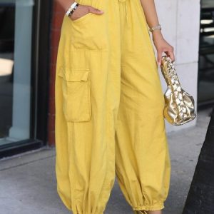 Casual Plain Pockets Cargo Pants, Pants, color:Yellow|size:XXL, Stylewe