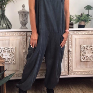 Women Sleeveless Square Neck Long Daily Casual Plain Natural Cami Jumpsuits, Jumpsuits&Rompers, color:Dark_blue|size:5XL, catalog Noracora shop