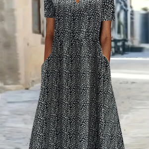 Women Leopard Short Sleeve Summer Printing Dress V Neck Daily Casual Maxi Fit & Flare Dress H-Line Dress, JustFashionNow Casual Dresses, color:Black|size:4XL,