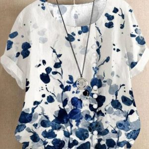 Crew Neck Short Sleeve Floral Art Print Casual Comfy Blouse For Women, Blouses, color:White|size:4XL, catalog Noracora shop