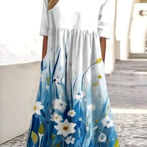 Women Floral Summer Dress Crew Neck Short Sleeve A-Line Dress, Maxi, color:White|size:4XL, catalog Noracora shop