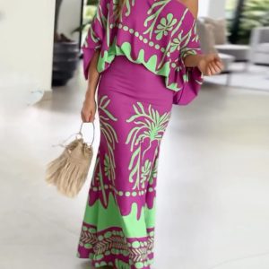 2 Pieces Outfit Tropical Print Lantern Sleeve Cold Shoulder Loose Top and Casual High Waist Fishtail Midi Skirt Set, women Two-piece Sets, ChicMe catalog