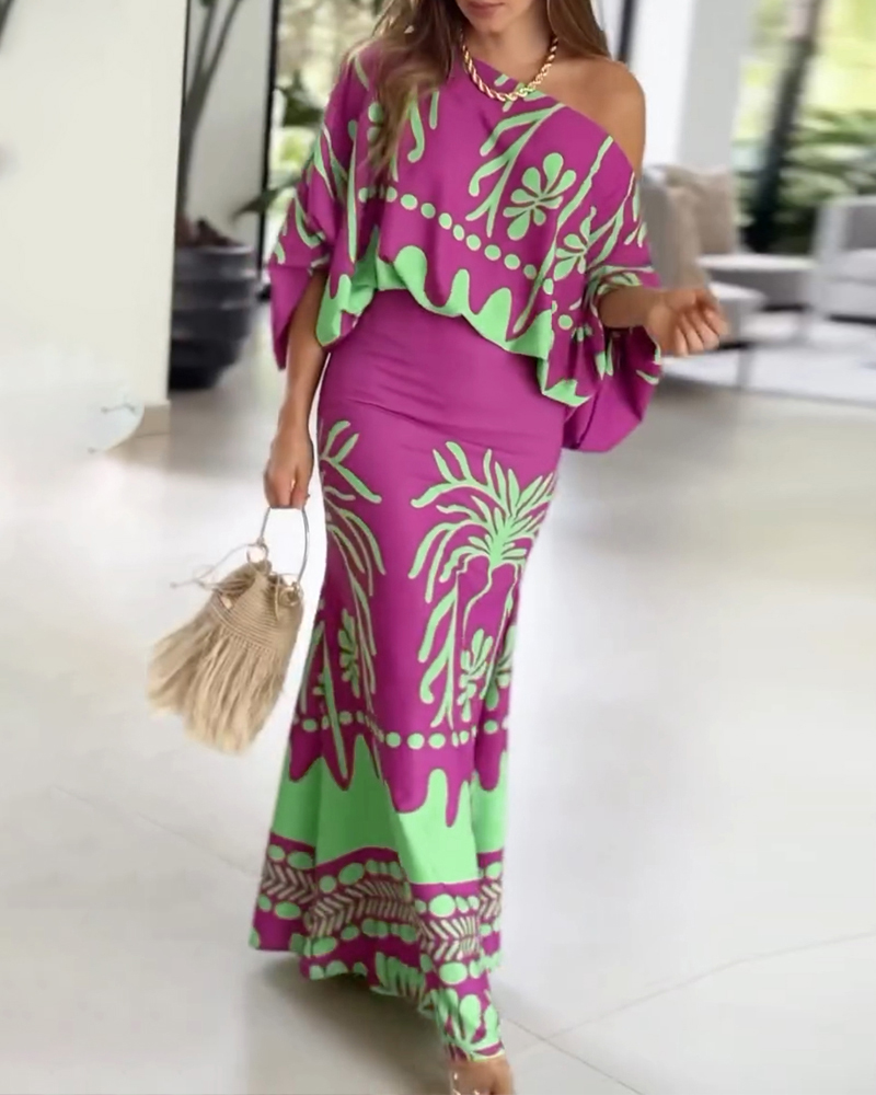 2 Pieces Outfit Tropical Print Lantern Sleeve Cold Shoulder Loose Top and Casual High Waist Fishtail Midi Skirt Set, women Two-piece Sets, ChicMe catalog
