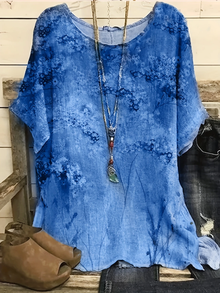 Women Floral Short Sleeve Tee T-shirt Crew Neck Printing Casual Summer Graphic Tee Top, JustFashionNow T-Shirts, color:Blue|size:4XL