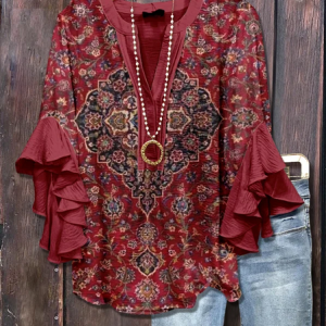 V Neck Half Sleeve Floral Printing Regular Loose Shirt For Women, Blouses, color:Deep Red|size:5XL, catalog Noracora shop