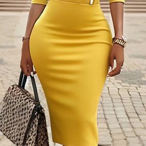 Urban Plain Midi Skirt, Skirts, color:Yellow|size:XXL, Stylewe