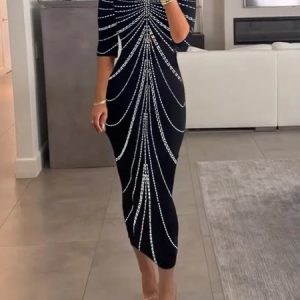 Casual Abstract Polka Dots Printing Crew Neck Midi Dress, Midi Dresses, color:Black-white|size:XXL, Stylewe