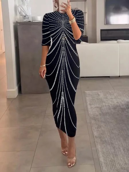 Casual Abstract Polka Dots Printing Crew Neck Midi Dress, Midi Dresses, color:Black-white|size:XXL, Stylewe