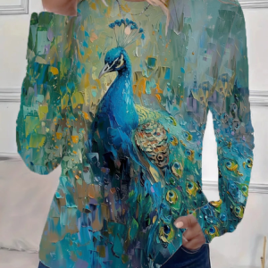 Women Peacock Long Sleeve Tee T-shirt Crew Neck Printing Casual Spring/Fall Graphic Tee Top, JustFashionNow T-Shirts, color:As Picture|size:XXL
