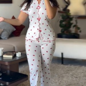 2 Pieces Outfit Strawberry Print Stand Collar Short Sleeve T-shirt and Pants Pajamas Set, women Pajamas Sets, ChicMe catalog