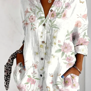 Women Floral Long Sleeve Shirt Spring/Fall Buckle Shirt Collar Daily Casual Top, JustFashionNow Shirts, color:White|size:4XL,